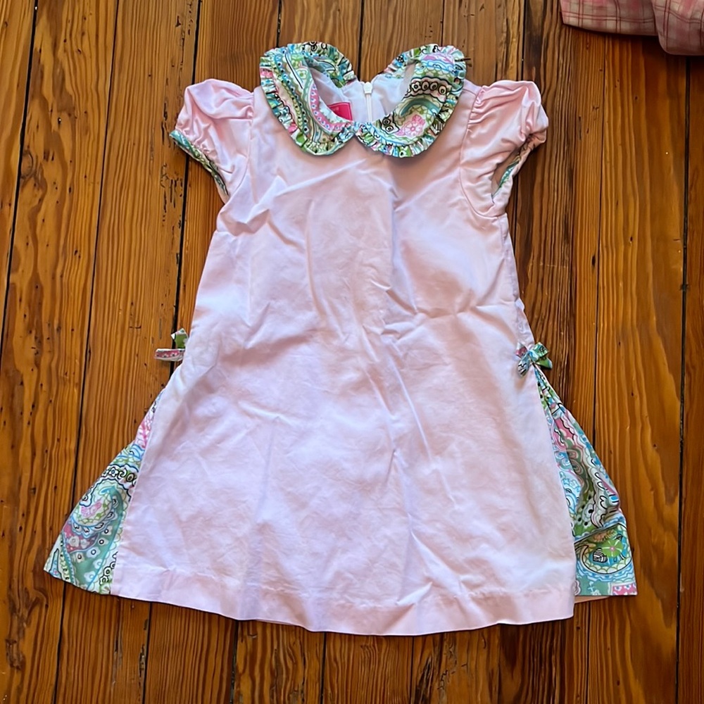 Pink short sleeved dress with paisley details on collar and in folds of skirt.